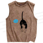 Unisex Moo Cat Say Hey Printed Washed Tank Top