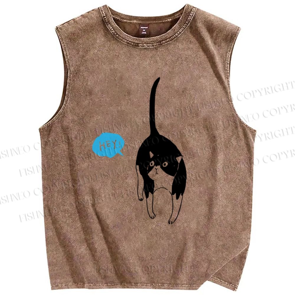 Unisex Moo Cat Say Hey Printed Washed Tank Top