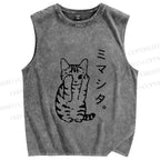 Unisex Japanese Cat Printed Washed Tank Top