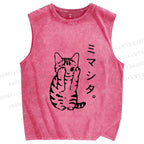 Unisex Japanese Cat Printed Washed Tank Top
