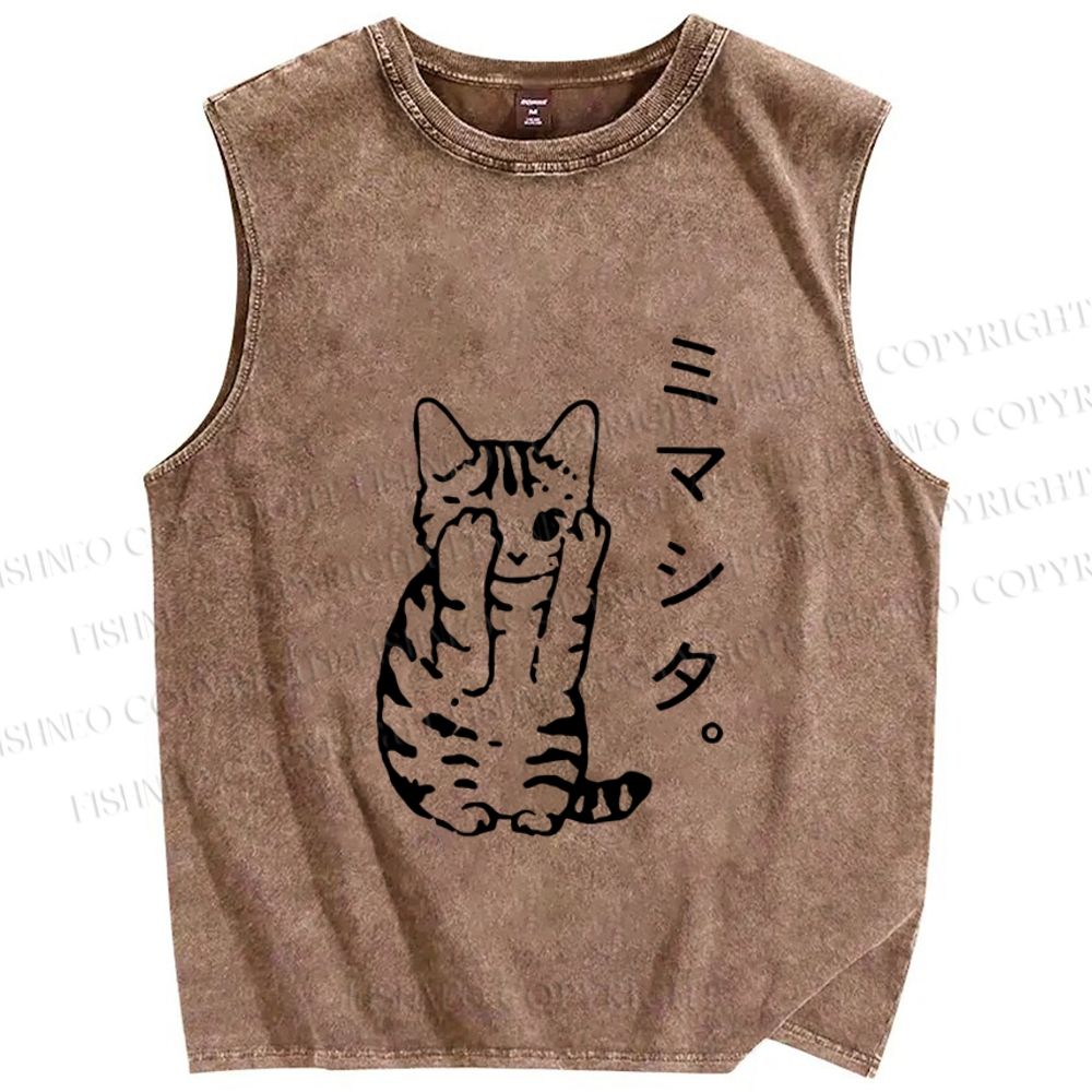 Unisex Japanese Cat Printed Washed Tank Top