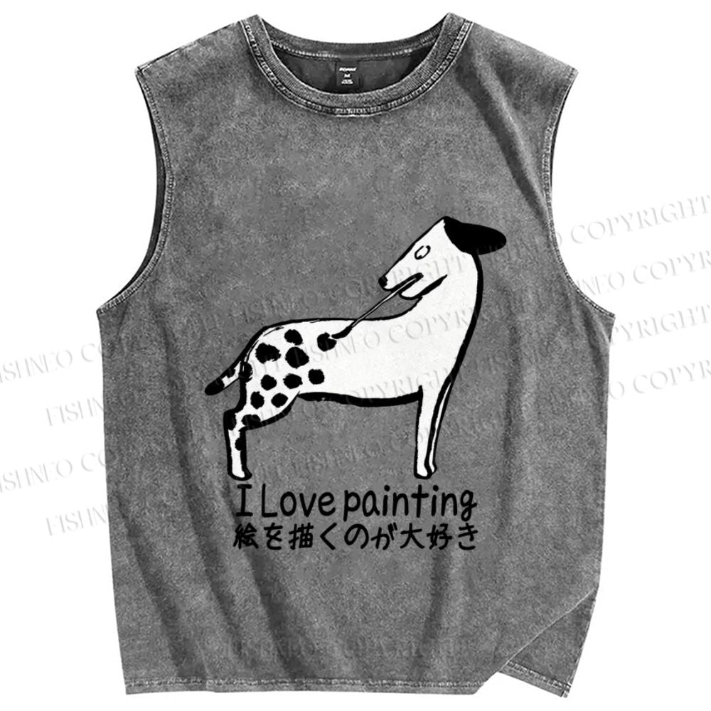 Unisex Funny Japanese Dog Love Painting Printed Washed Tank Top