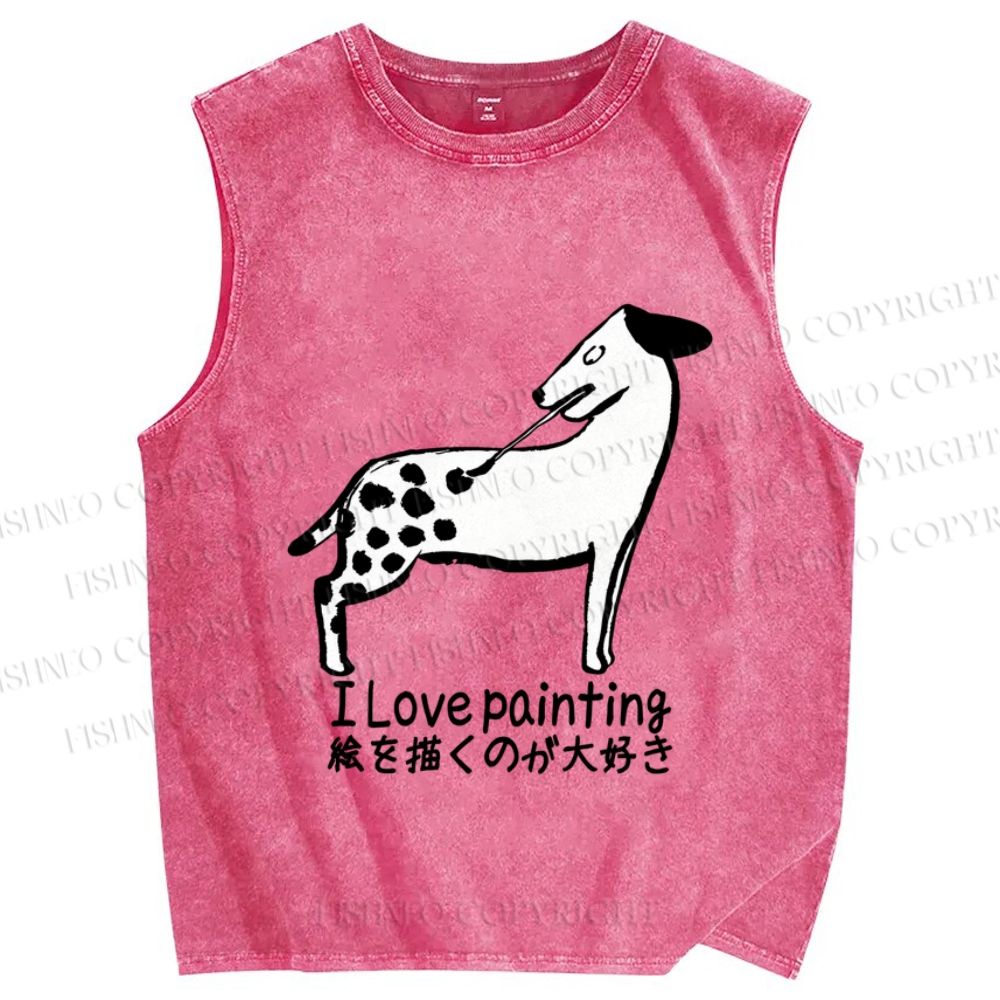 Unisex Funny Japanese Dog Love Painting Printed Washed Tank Top
