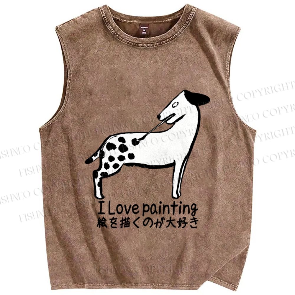 Unisex Funny Japanese Dog Love Painting Printed Washed Tank Top