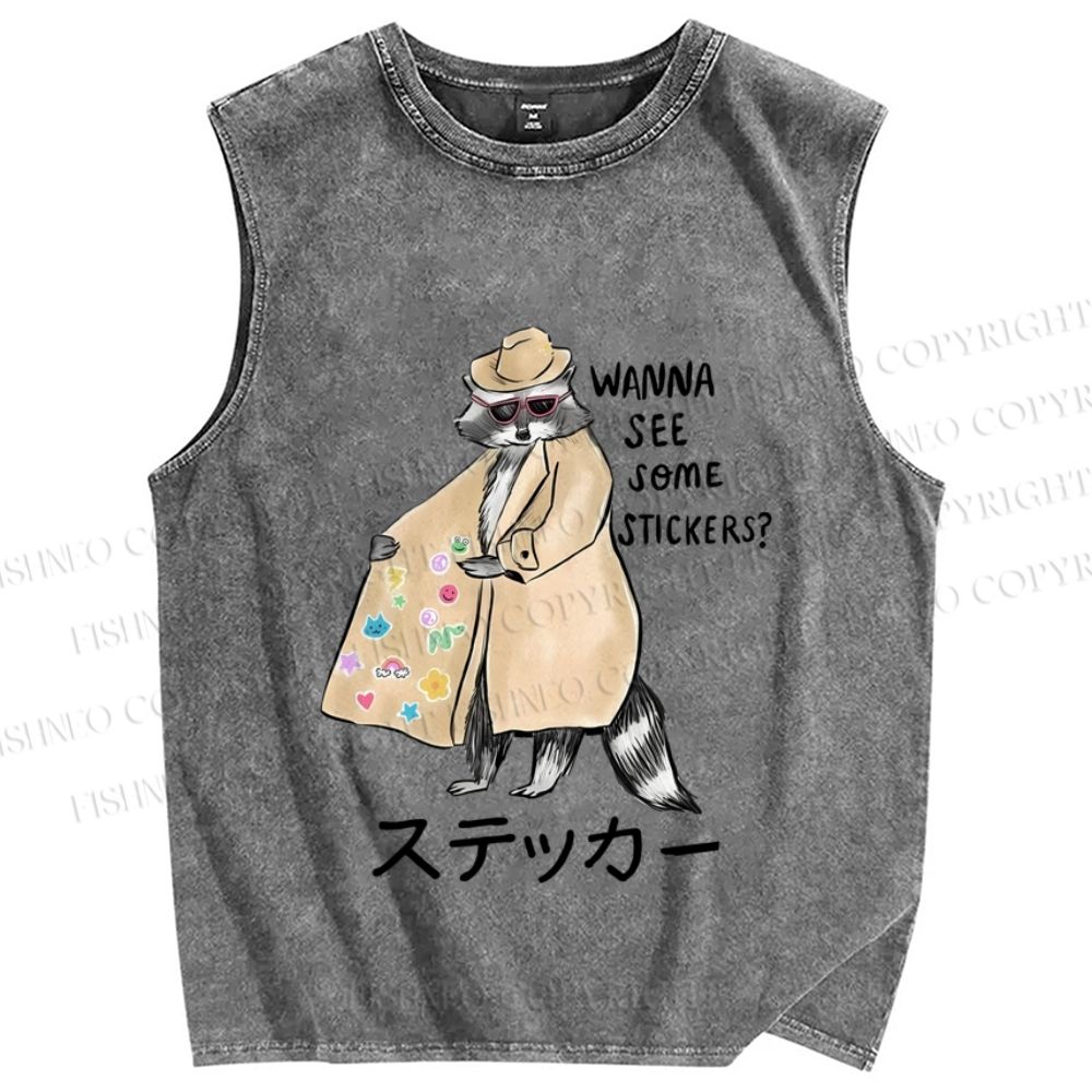 Unisex Wanna See Some Stickers Raccoon Printed Washed Tank Top