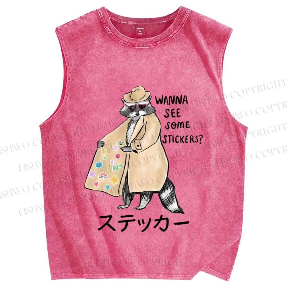 Unisex Wanna See Some Stickers Raccoon Printed Washed Tank Top