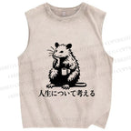 Unisex Japanese Rat Doing Some Thinking Printed Washed Tank Top