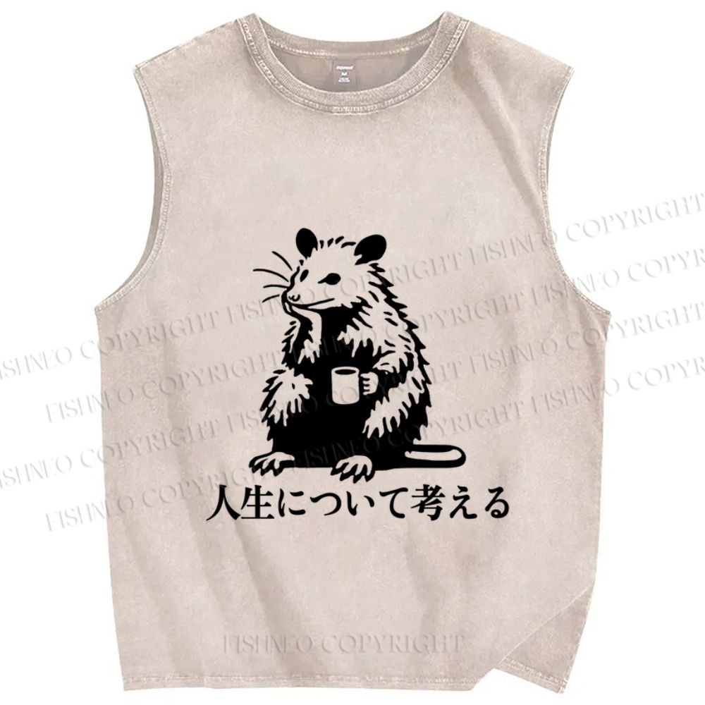 Unisex Japanese Rat Doing Some Thinking Printed Washed Tank Top