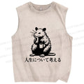 Unisex Japanese Rat Doing Some Thinking Printed Washed Tank Top