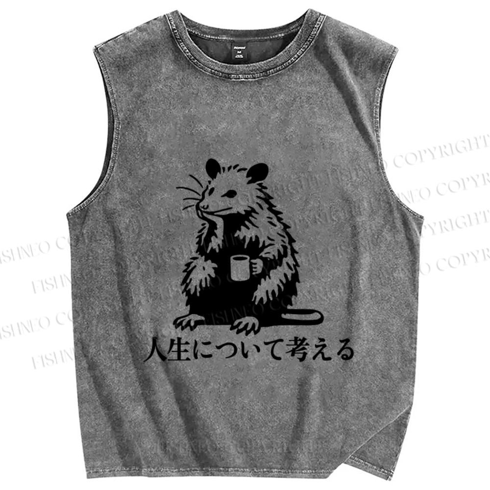 Unisex Japanese Rat Doing Some Thinking Printed Washed Tank Top