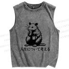 Unisex Japanese Rat Doing Some Thinking Printed Washed Tank Top