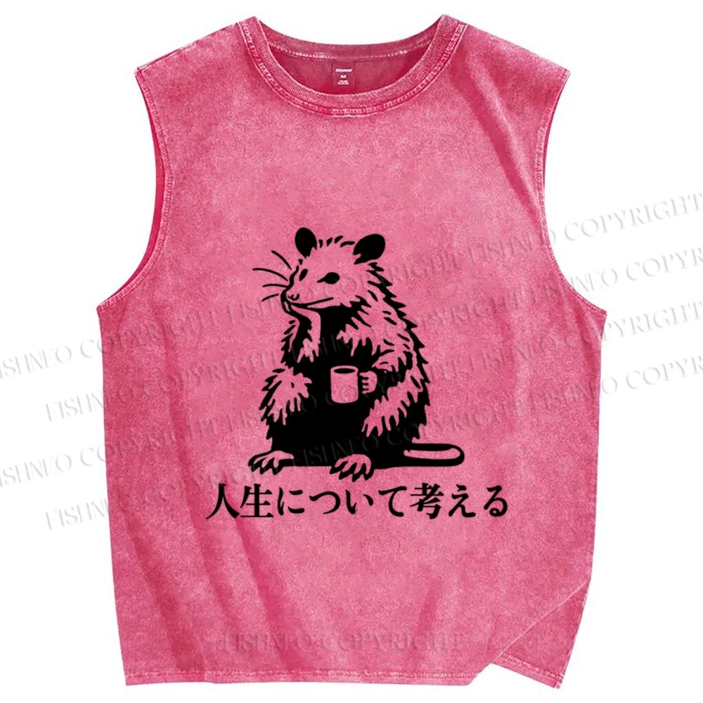 Unisex Japanese Rat Doing Some Thinking Printed Washed Tank Top