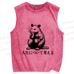 Unisex Japanese Rat Doing Some Thinking Printed Washed Tank Top