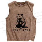 Unisex Japanese Rat Doing Some Thinking Printed Washed Tank Top