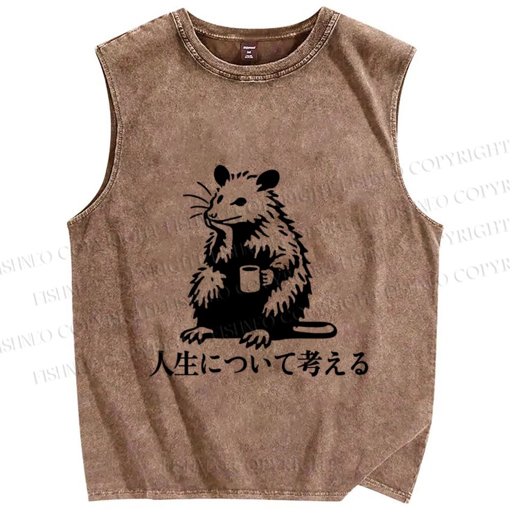 Unisex Japanese Rat Doing Some Thinking Printed Washed Tank Top