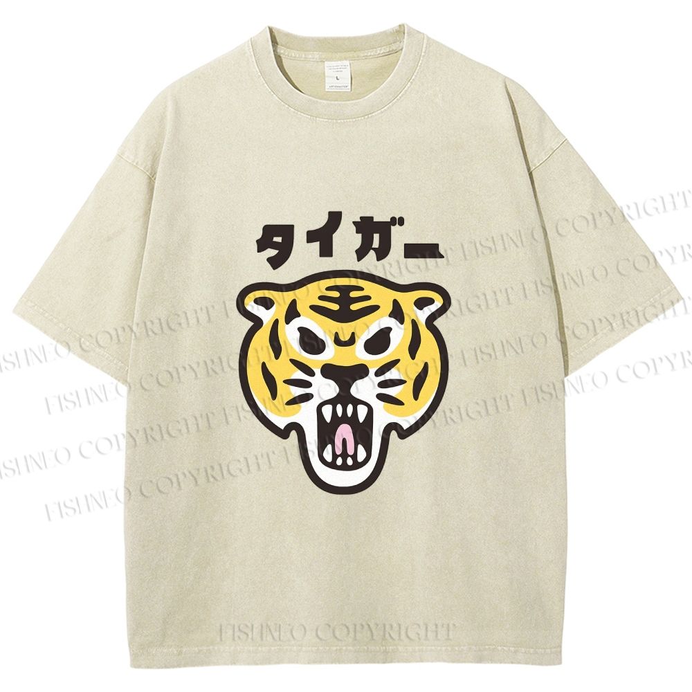Unisex Japanese Tiger Graffiti Printed Washed Tee