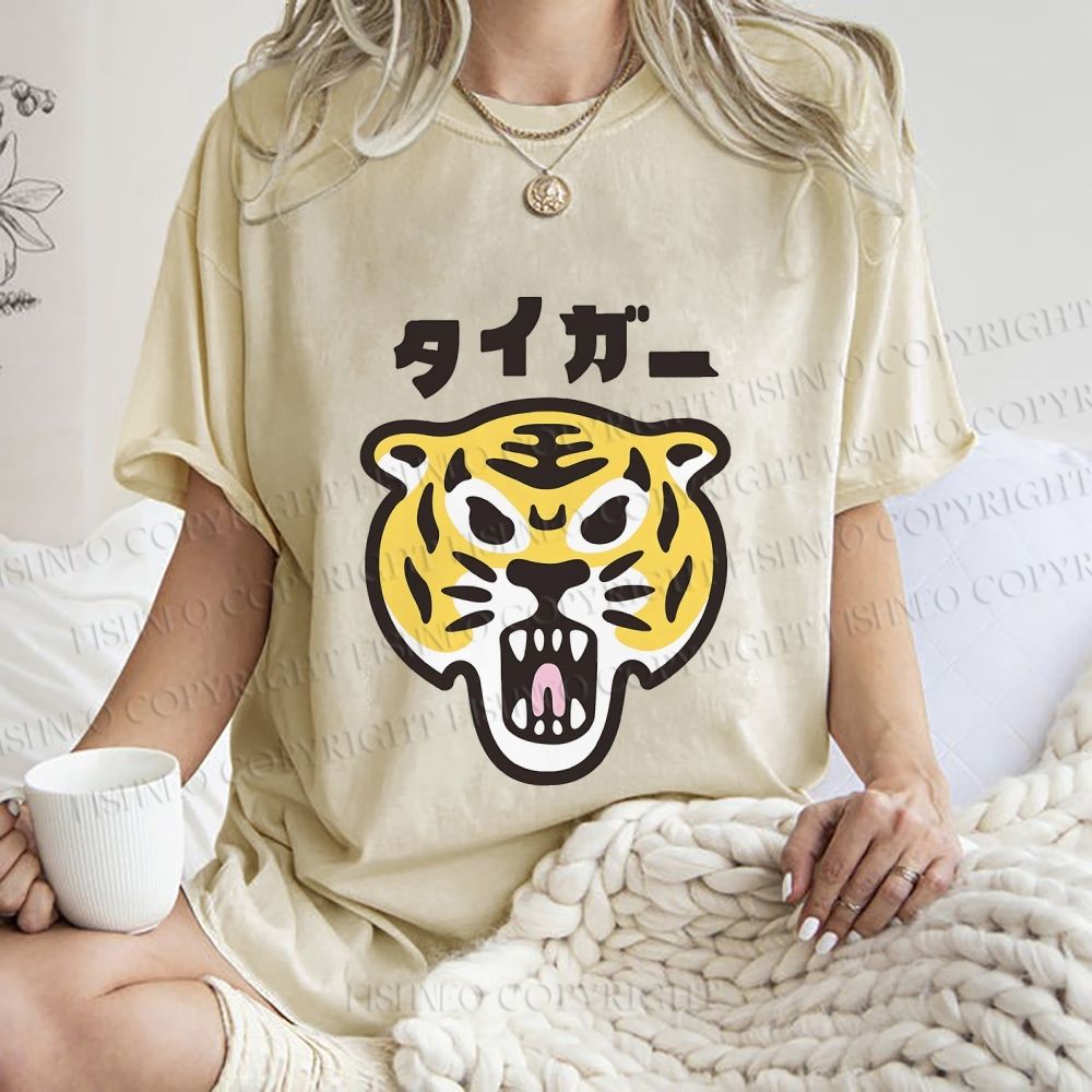 Unisex Japanese Tiger Graffiti Printed Washed Tee