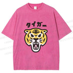 Unisex Japanese Tiger Graffiti Printed Washed Tee