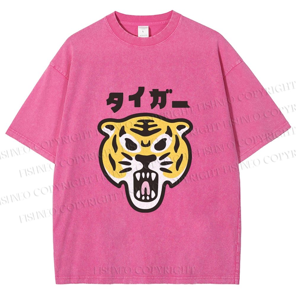 Unisex Japanese Tiger Graffiti Printed Washed Tee