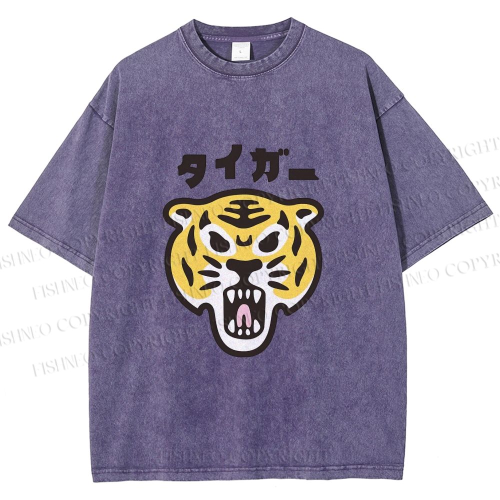 Unisex Japanese Tiger Graffiti Printed Washed Tee