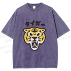 Unisex Japanese Tiger Graffiti Printed Washed Tee