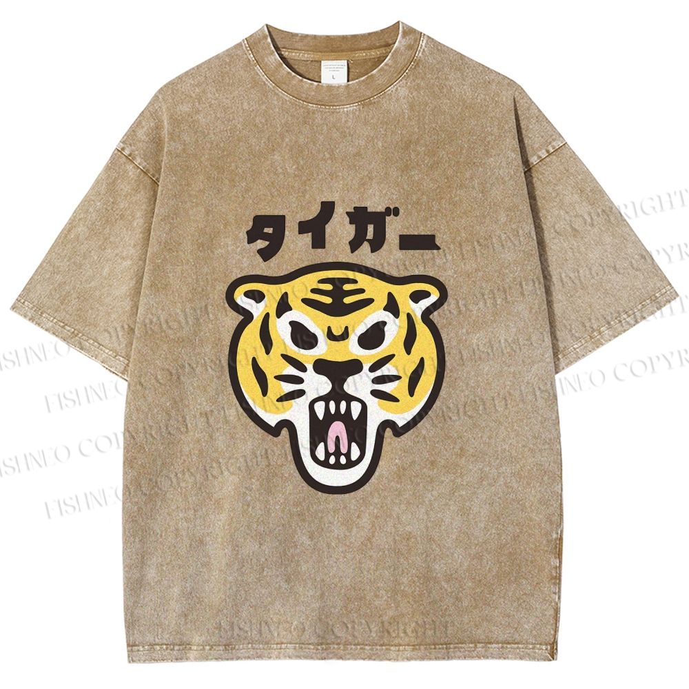Unisex Japanese Tiger Graffiti Printed Washed Tee