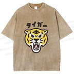 Unisex Japanese Tiger Graffiti Printed Washed Tee