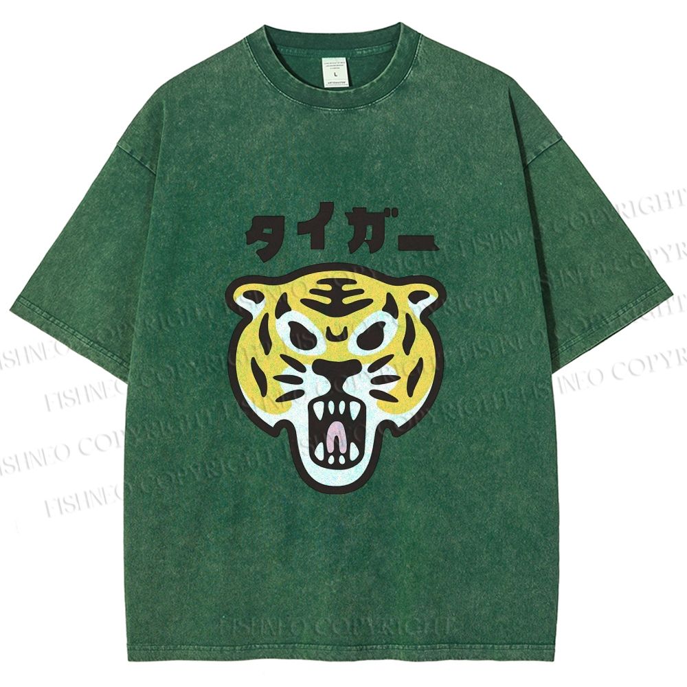 Unisex Japanese Tiger Graffiti Printed Washed Tee
