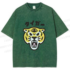 Unisex Japanese Tiger Graffiti Printed Washed Tee
