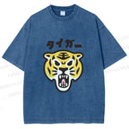 Unisex Japanese Tiger Graffiti Printed Washed Tee