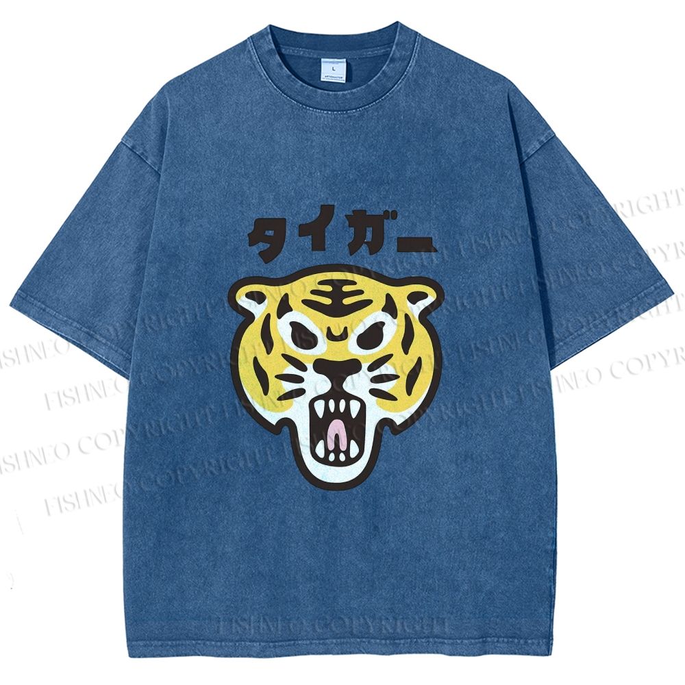 Unisex Japanese Tiger Graffiti Printed Washed Tee