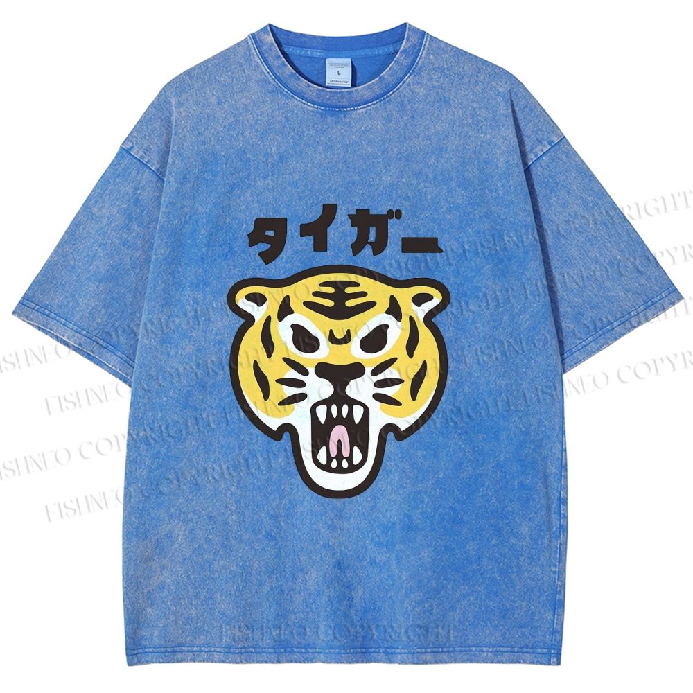 Unisex Japanese Tiger Graffiti Printed Washed Tee