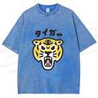 Unisex Japanese Tiger Graffiti Printed Washed Tee