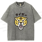 Unisex Japanese Tiger Graffiti Printed Washed Tee