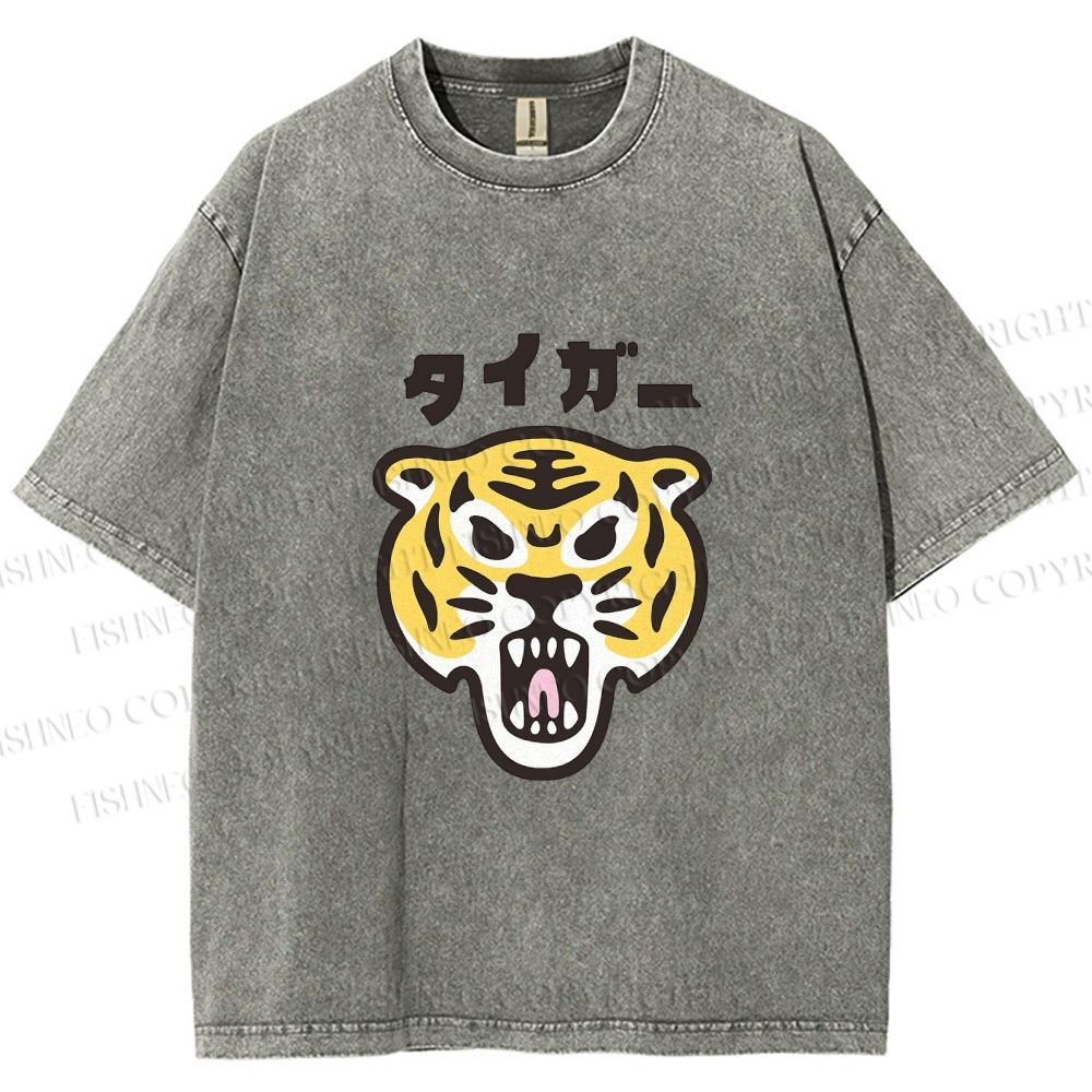 Unisex Japanese Tiger Graffiti Printed Washed Tee
