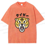 Unisex Japanese Tiger Graffiti Printed Washed Tee