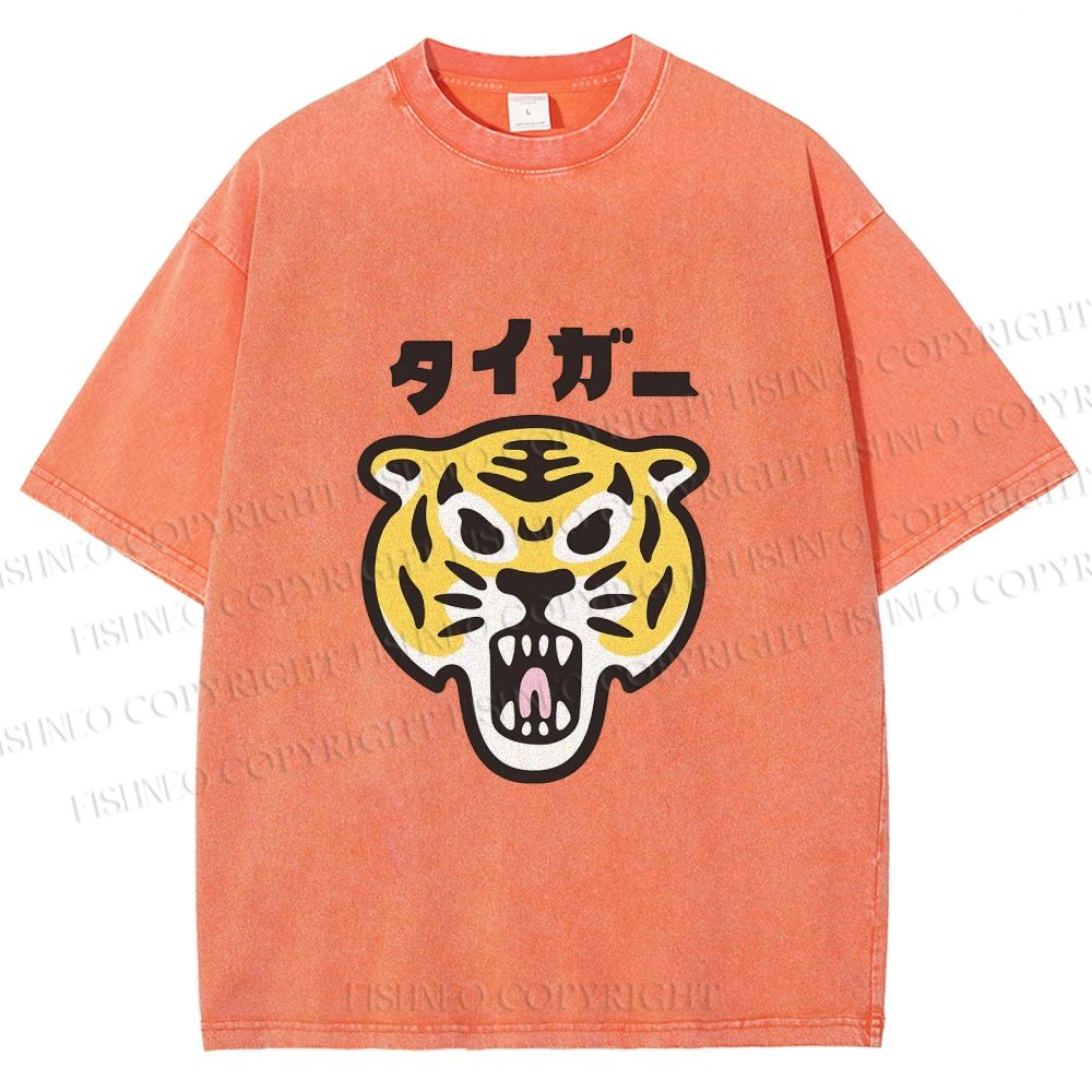 Unisex Japanese Tiger Graffiti Printed Washed Tee