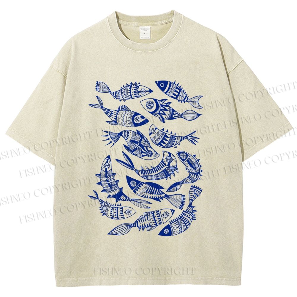 Unisex Vintage Fish Graffiti Printed Washed Tee