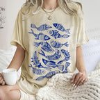 Unisex Vintage Fish Graffiti Printed Washed Tee