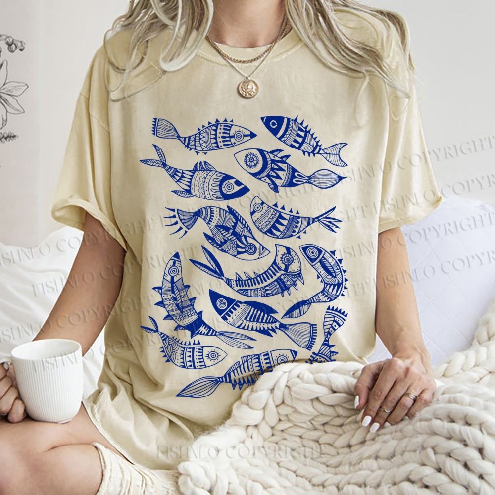 Unisex Vintage Fish Graffiti Printed Washed Tee