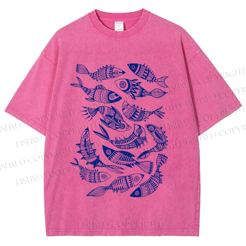 Unisex Vintage Fish Graffiti Printed Washed Tee