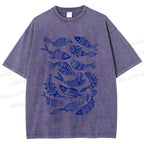 Unisex Vintage Fish Graffiti Printed Washed Tee