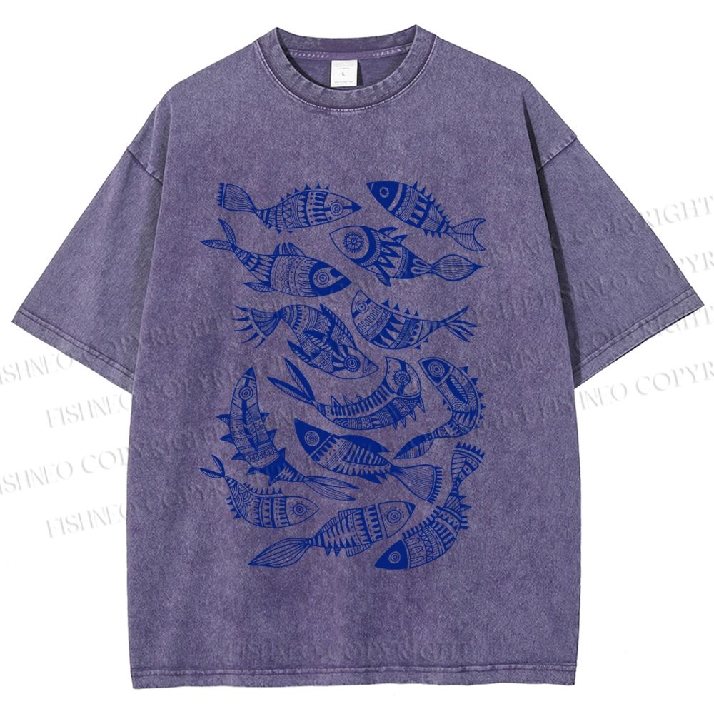 Unisex Vintage Fish Graffiti Printed Washed Tee