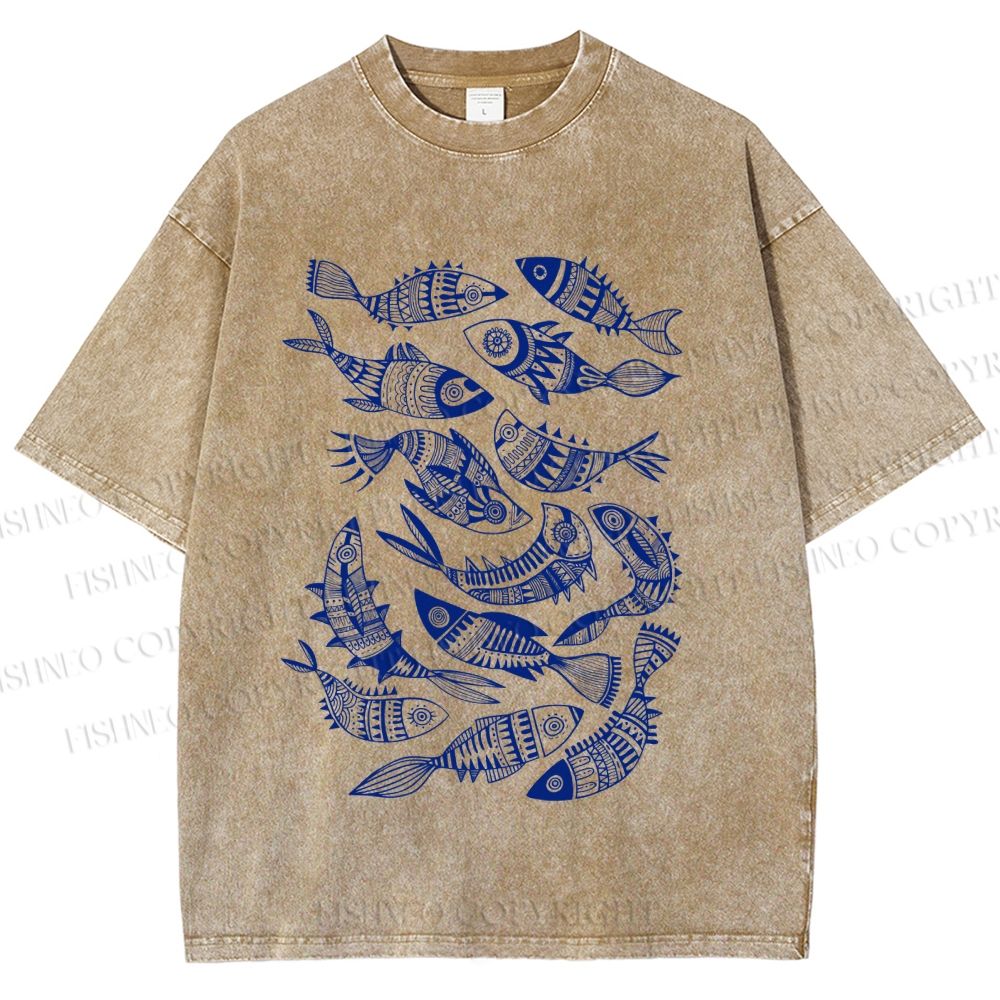 Unisex Vintage Fish Graffiti Printed Washed Tee