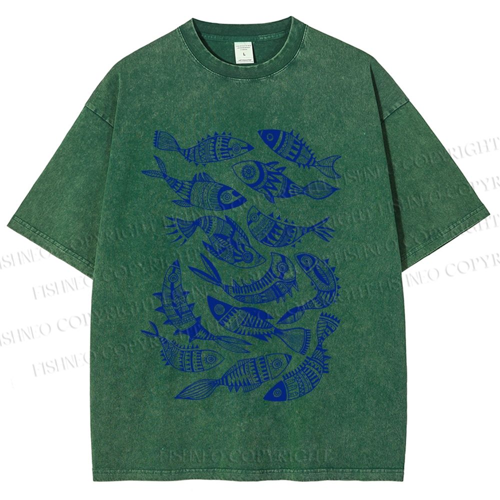 Unisex Vintage Fish Graffiti Printed Washed Tee
