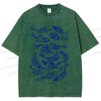 Unisex Vintage Fish Graffiti Printed Washed Tee
