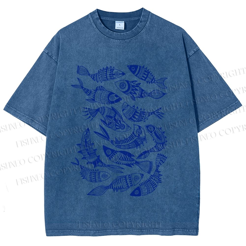 Unisex Vintage Fish Graffiti Printed Washed Tee