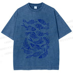 Unisex Vintage Fish Graffiti Printed Washed Tee
