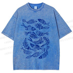 Unisex Vintage Fish Graffiti Printed Washed Tee