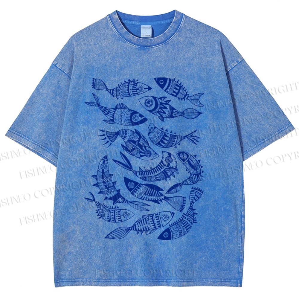 Unisex Vintage Fish Graffiti Printed Washed Tee